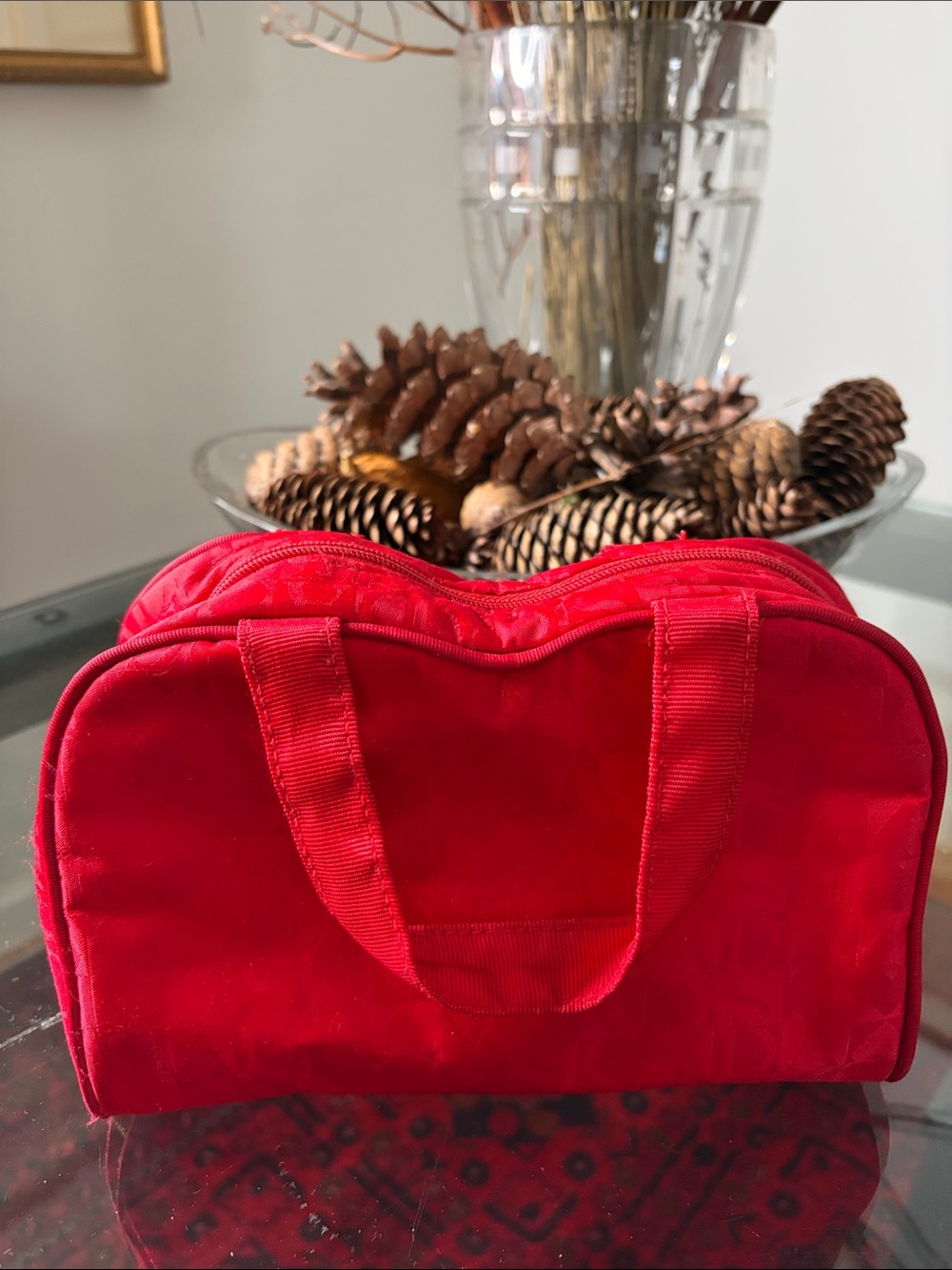 Escada Red Nylon Cosmetic Case Checkmate Logo pattern Dual Handles